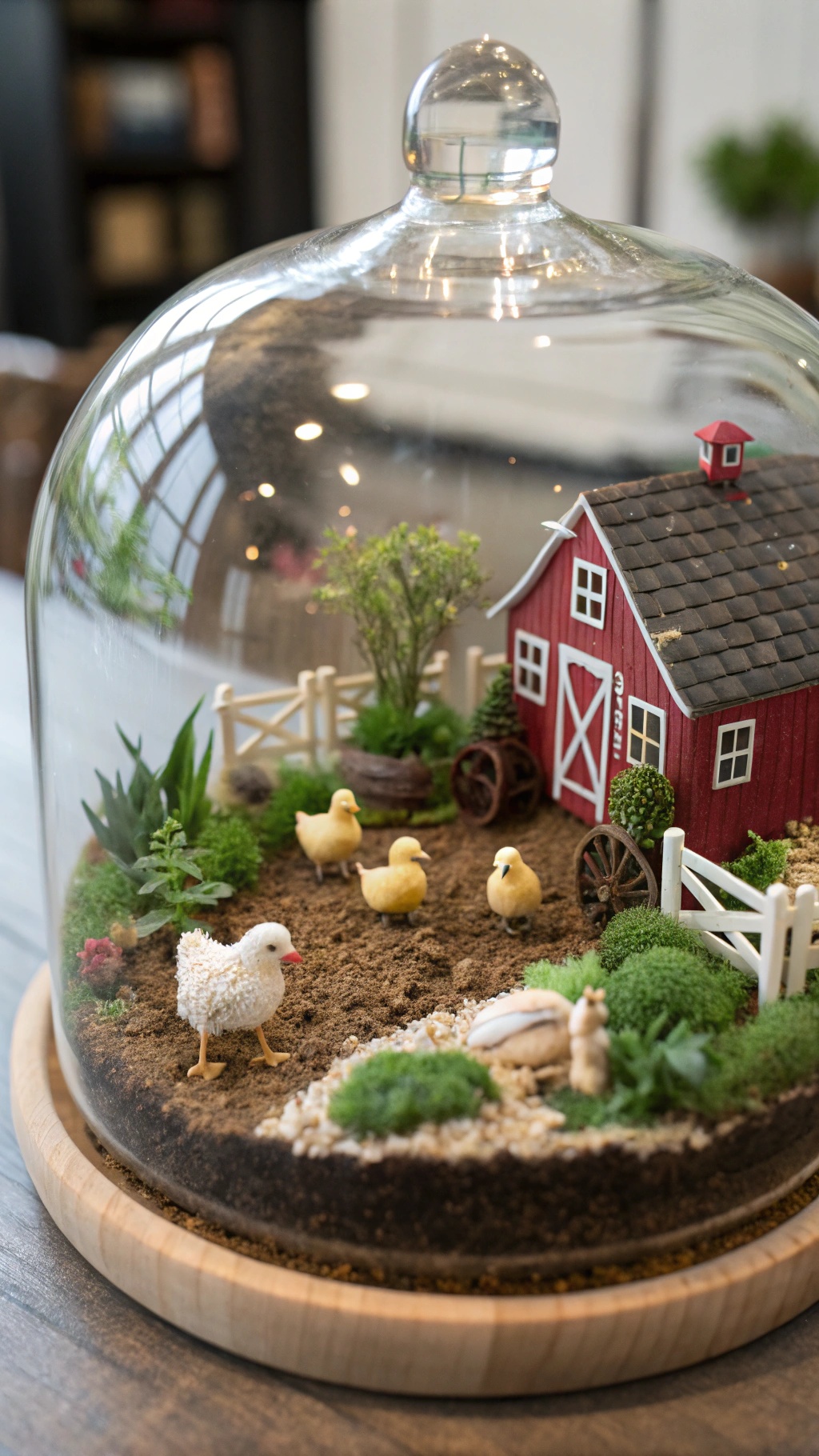 A miniature farm scene inside a glass terrarium featuring a red barn, tiny animals, and lush greenery.