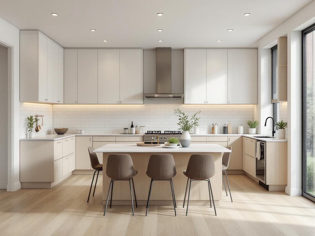 A modern Japandi style kitchen featuring an open layout with light wood tones, large windows, and a central island.
