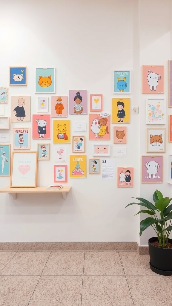 A wall decorated with various pastel-colored framed artworks featuring cute characters and playful designs.