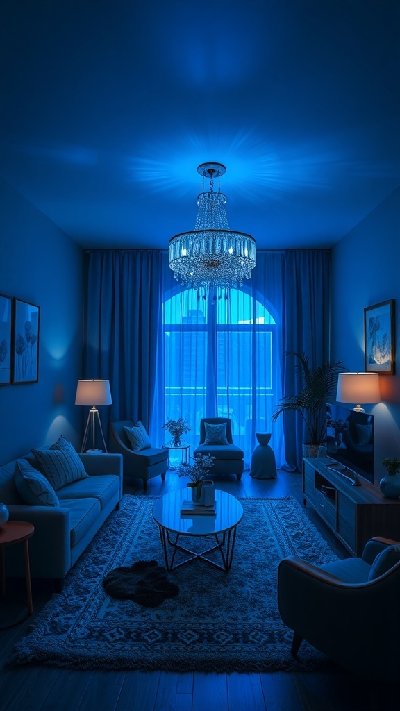 A cozy blue boho living room with a blue chandelier and soft lighting.