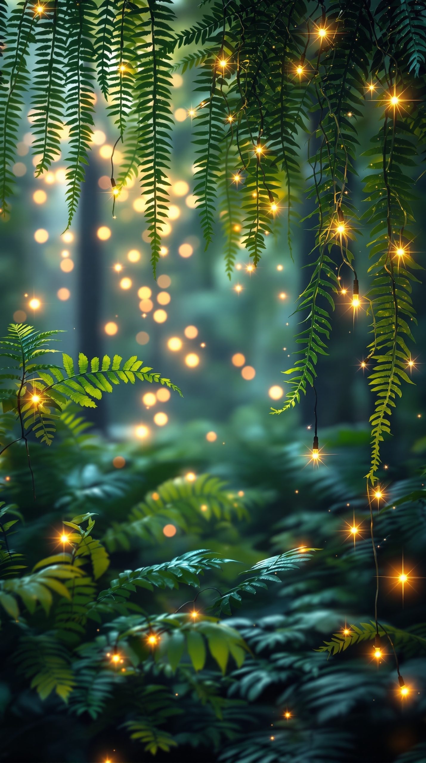 Hanging ferns adorned with twinkling lights in a lush green setting