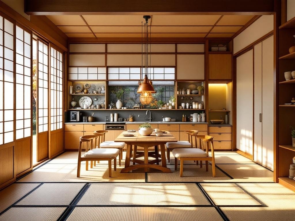 A modern kitchen designed in Japandi style featuring wooden cabinetry, tatami flooring, and large sliding doors.