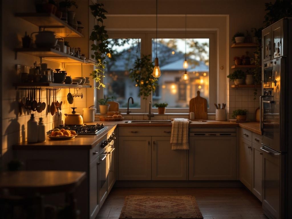 A warm-lit Japandi style kitchen with wooden shelves, plants, and a cozy atmosphere.