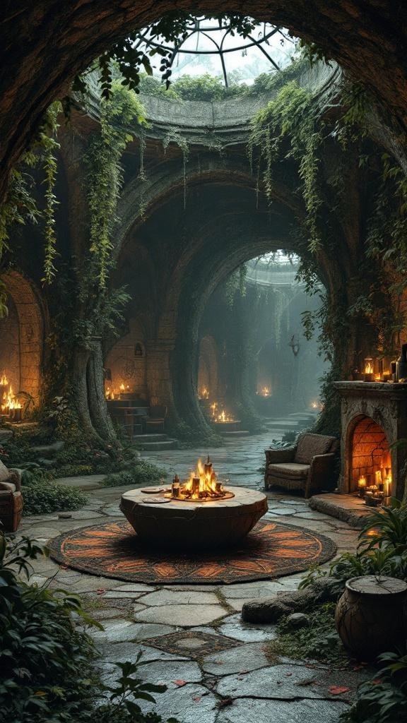 A cozy witch den with tarot card rugs, neon lava lamps, and a warm fire.