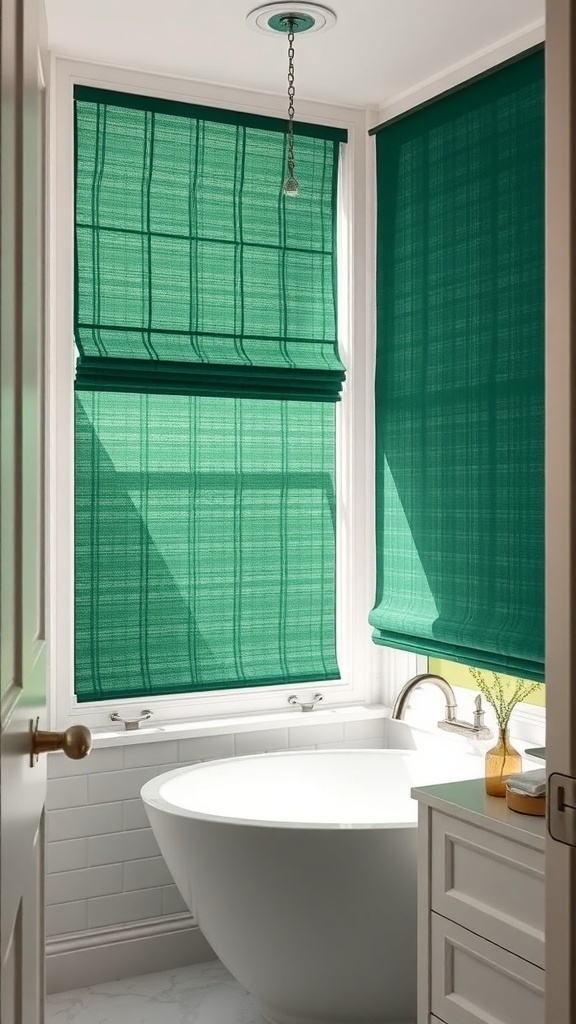 A bathroom with forest green window treatments and a white bathtub.