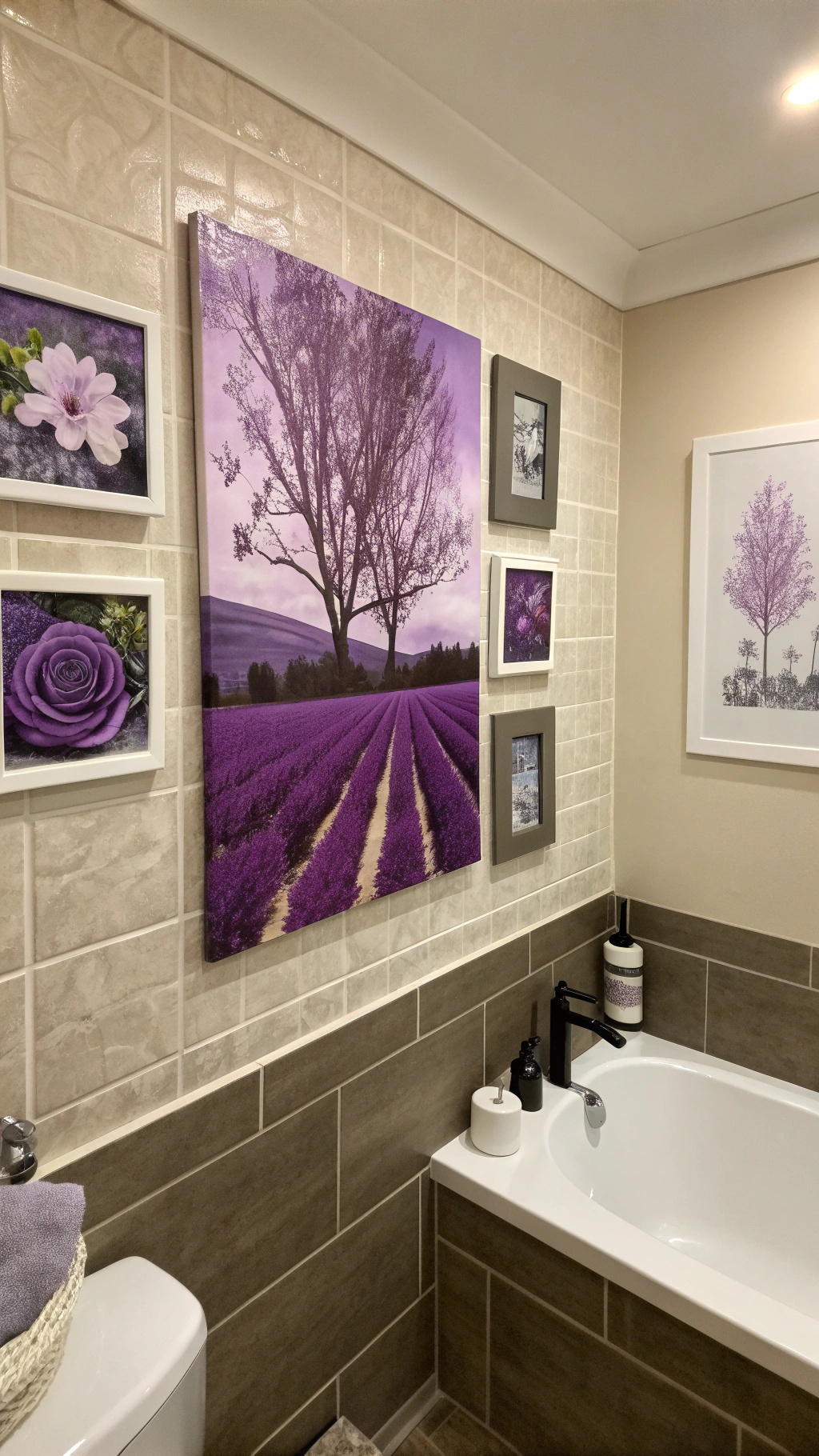 Purple wall art in a bathroom featuring lavender fields and floral designs.