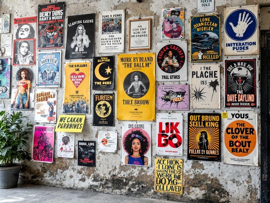 A wall collage featuring various eclectic posters, showcasing vibrant colors and unique designs.