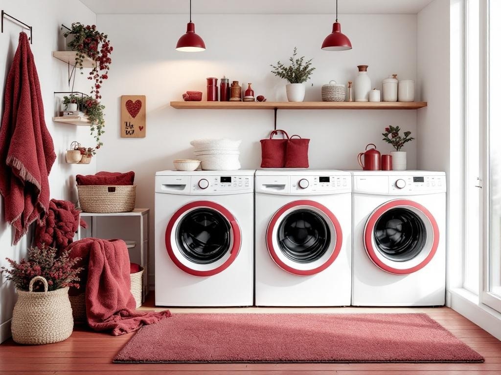 A stylish laundry room featuring burgundy and white colors, with floral accents and modern appliances.