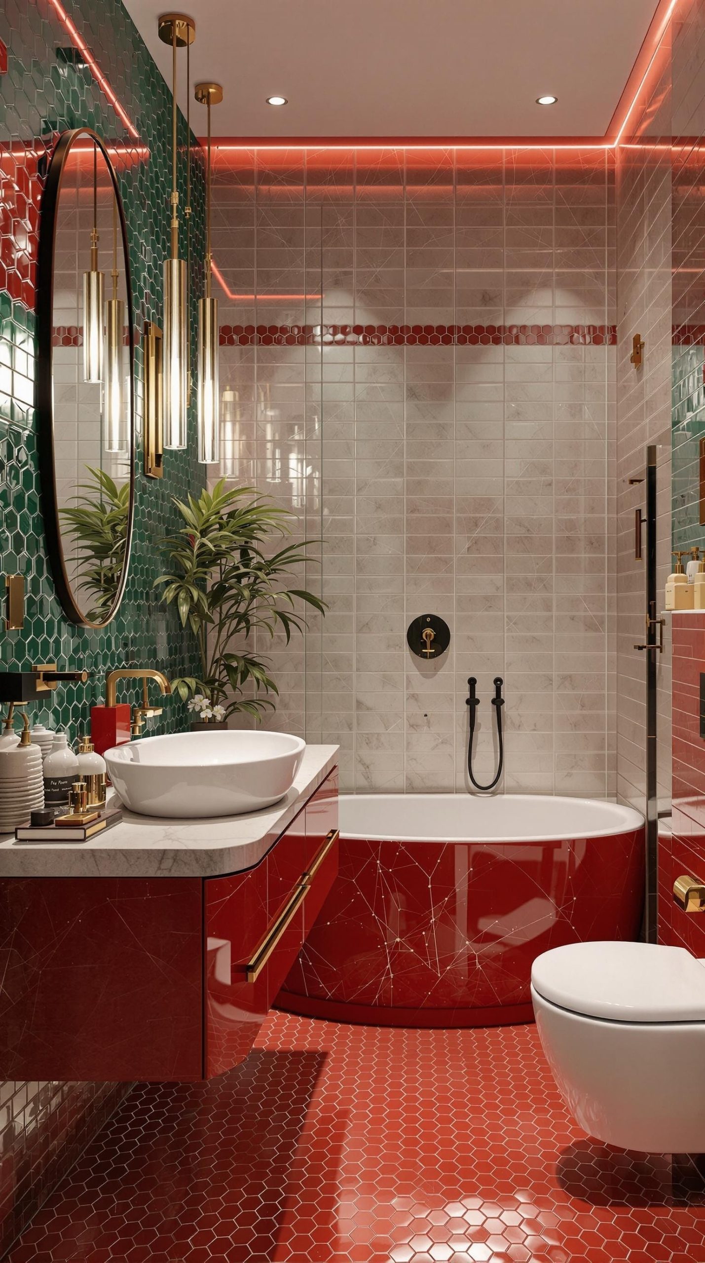 A modern bathroom featuring red and green tiles, a sleek bathtub, and stylish lighting.