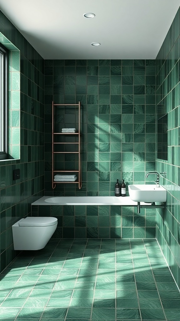 A modern bathroom featuring forest green tiles on the walls and floor, with a white sink and toilet, and a copper ladder for towels.