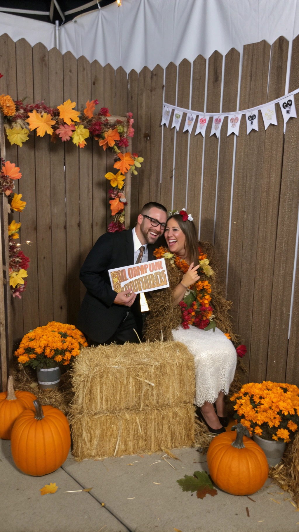 A festive photo booth decorated with autumn leaves, pumpkins, and hay bales.