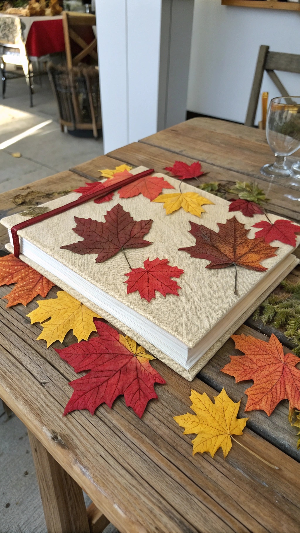 A guest book decorated with colorful fall leaves on a wooden table.