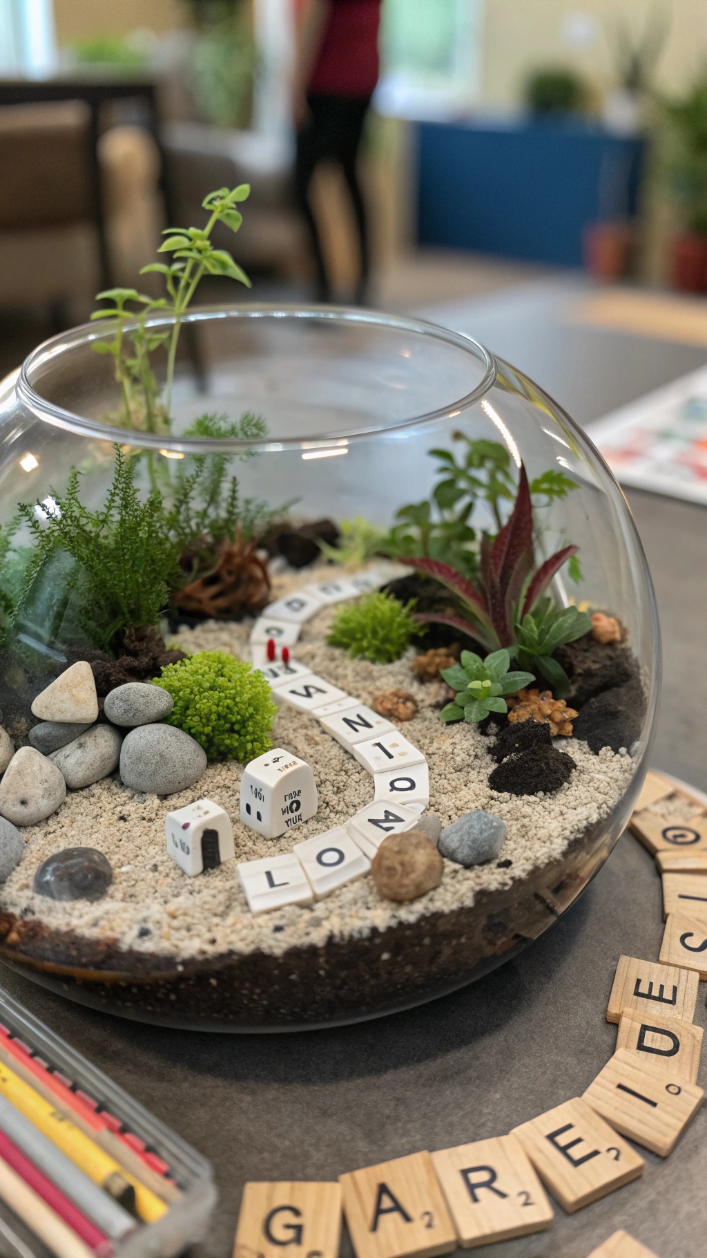 A round terrarium with various plants, stones, and decorative elements like dice and letters.