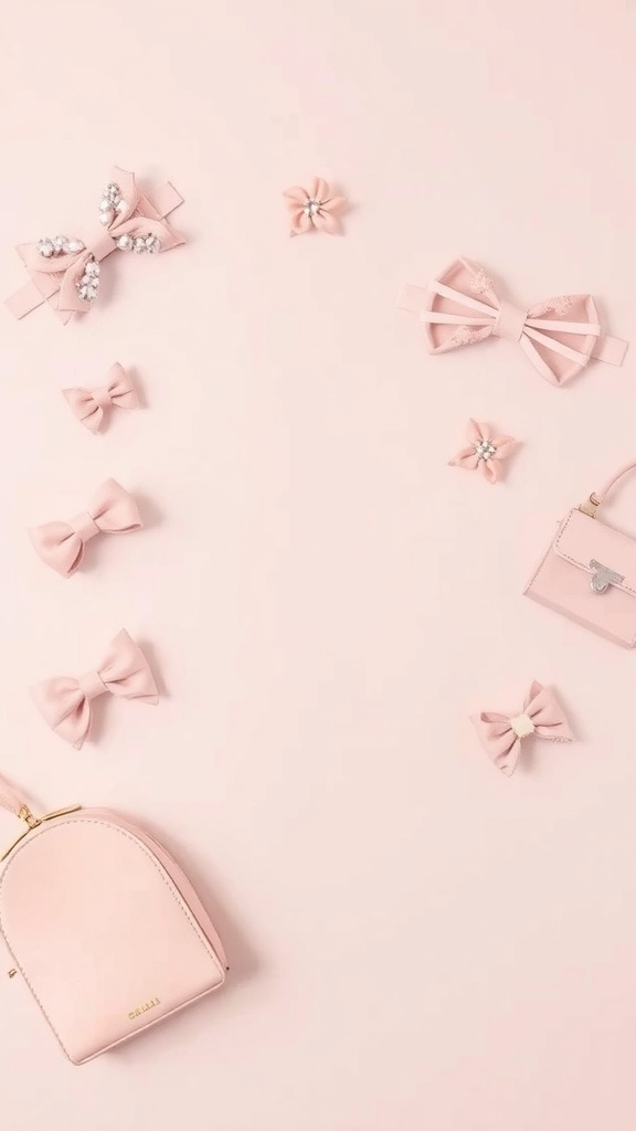 An arrangement of pink bows and a small pink bag on a light pink background.