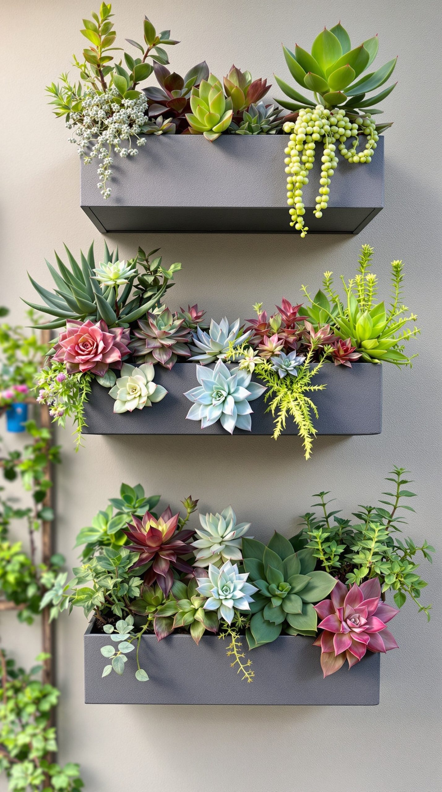 Three wall planters filled with colorful succulents in varying shapes and sizes.