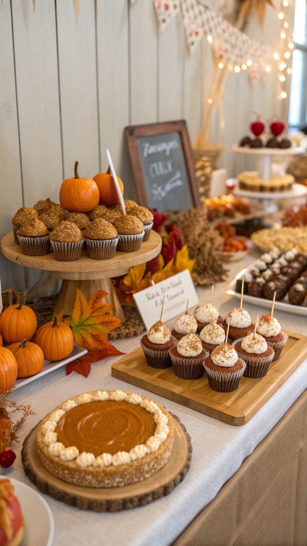 A beautifully arranged fall dessert bar featuring cupcakes, pumpkin pie, and decorative pumpkins.