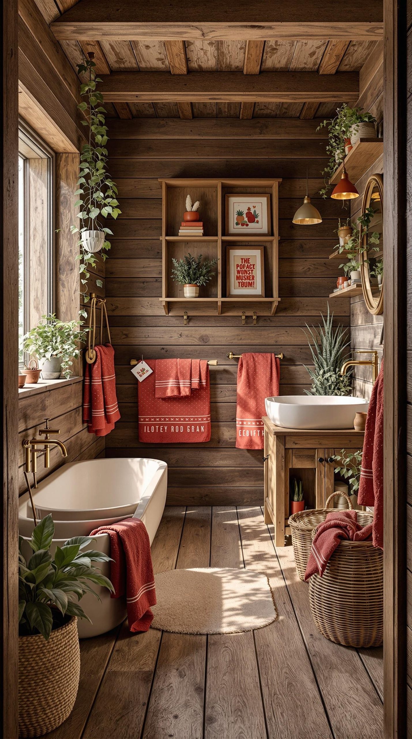 A rustic bathroom with red and green accents, featuring wooden walls, a freestanding tub, and plants.