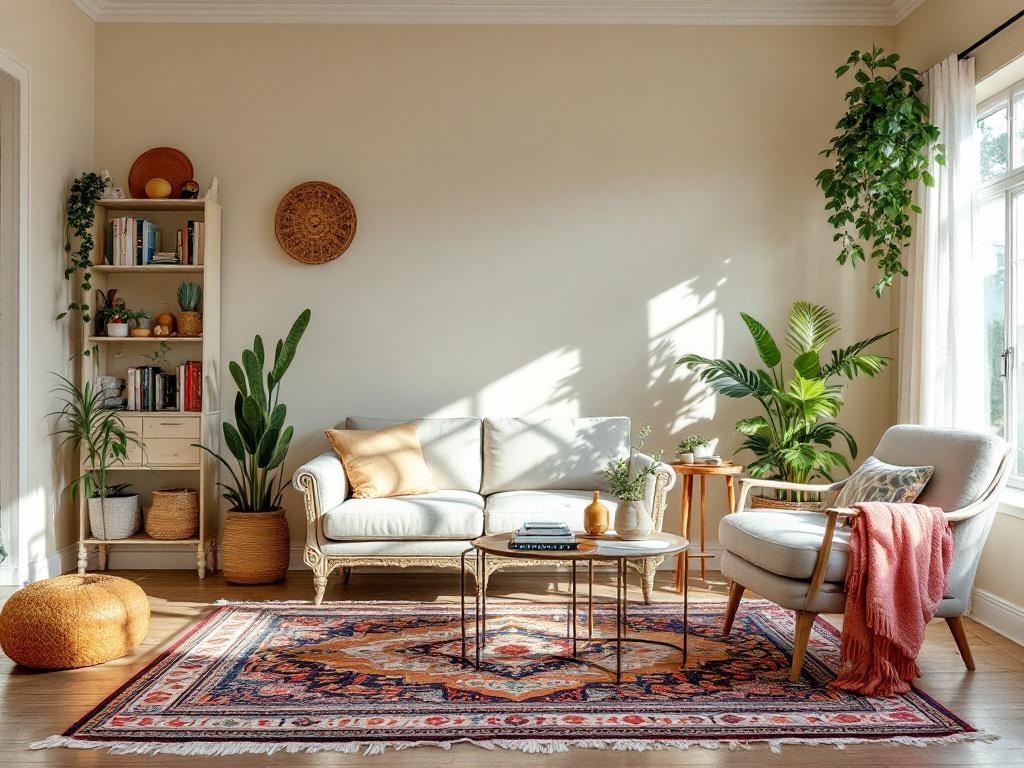 A cozy living room featuring a colorful rug, plants, and eclectic decor.