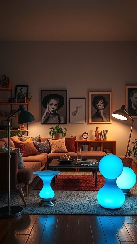 A cozy living room featuring blue bohemian floor lamps, warm-toned furniture, and artistic wall decor.