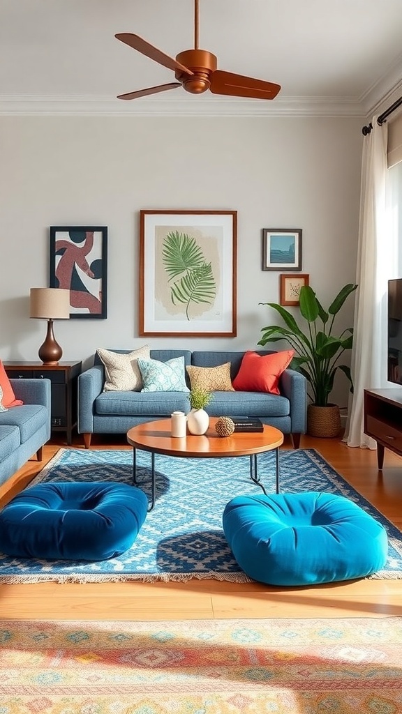 A cozy living room featuring funky blue floor cushions, a blue sofa, and colorful accents.
