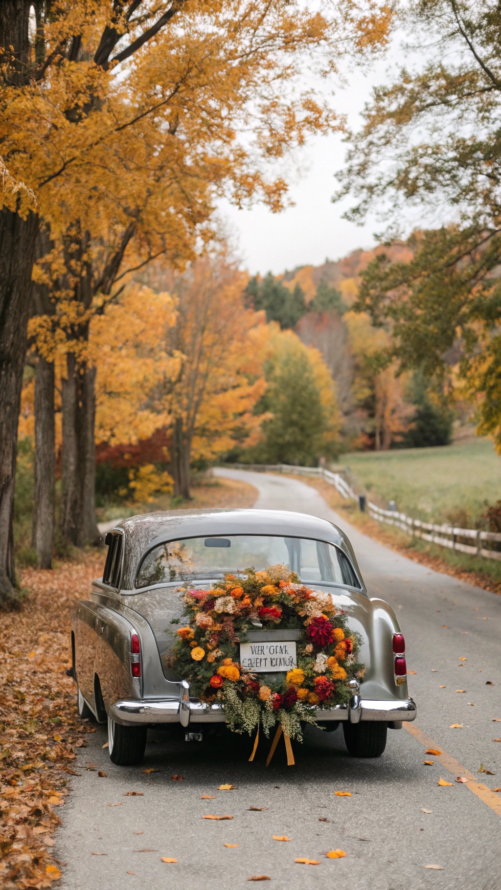 A vintage car decorated with flowers parked on a scenic road surrounded by autumn foliage.