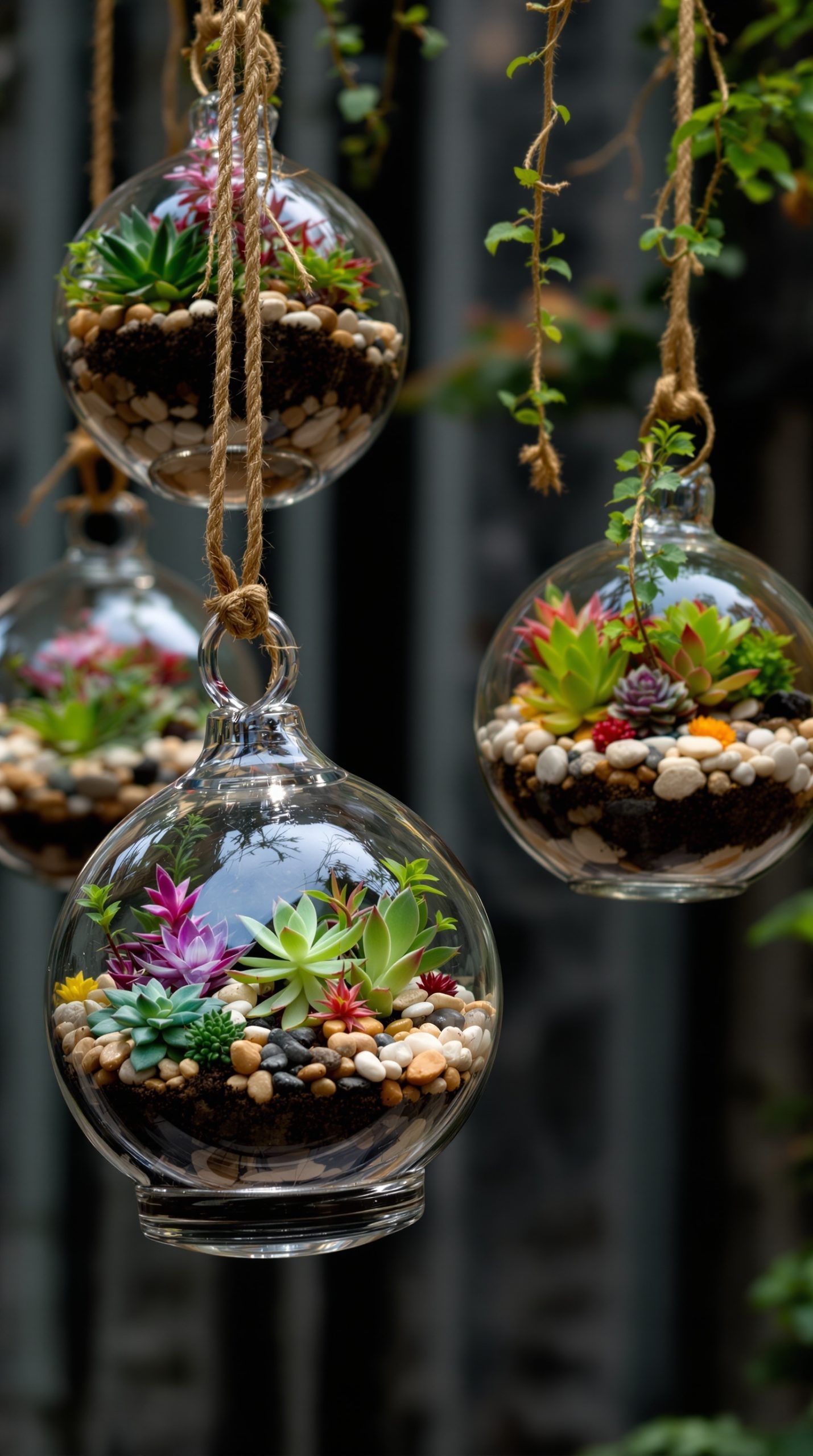 Hanging glass terrariums filled with colorful succulents and pebbles.