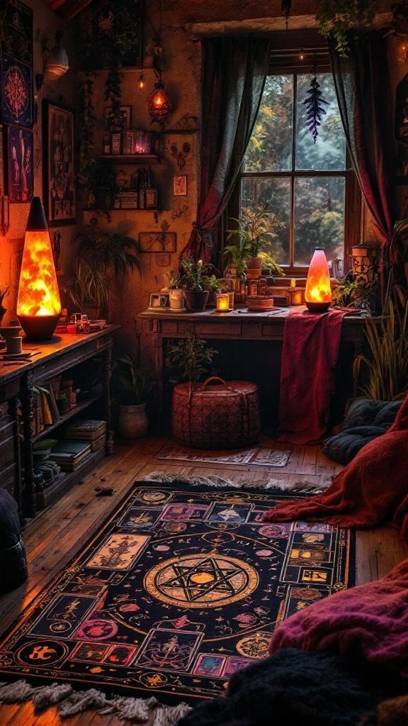 A cozy witch den featuring a tarot card rug and neon lava lamps.