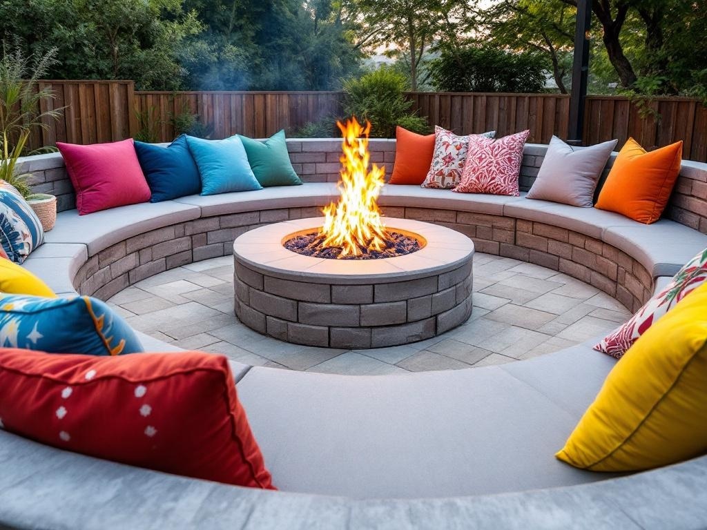 Cozy firepit surrounded by built-in seating and colorful pillows.