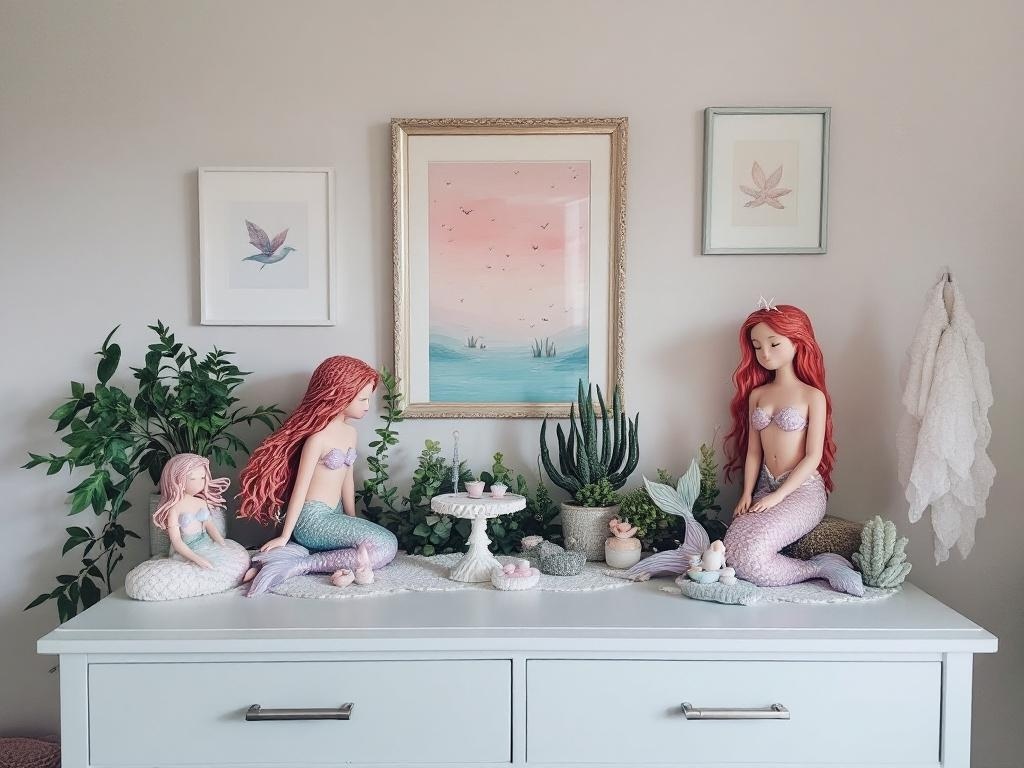 A coastal bedroom decor featuring mermaid figurines, pastel colors, and ocean-themed artwork.