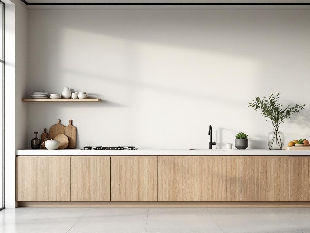 A modern kitchen with light wood cabinetry, white countertops, and open shelving featuring minimal decor.