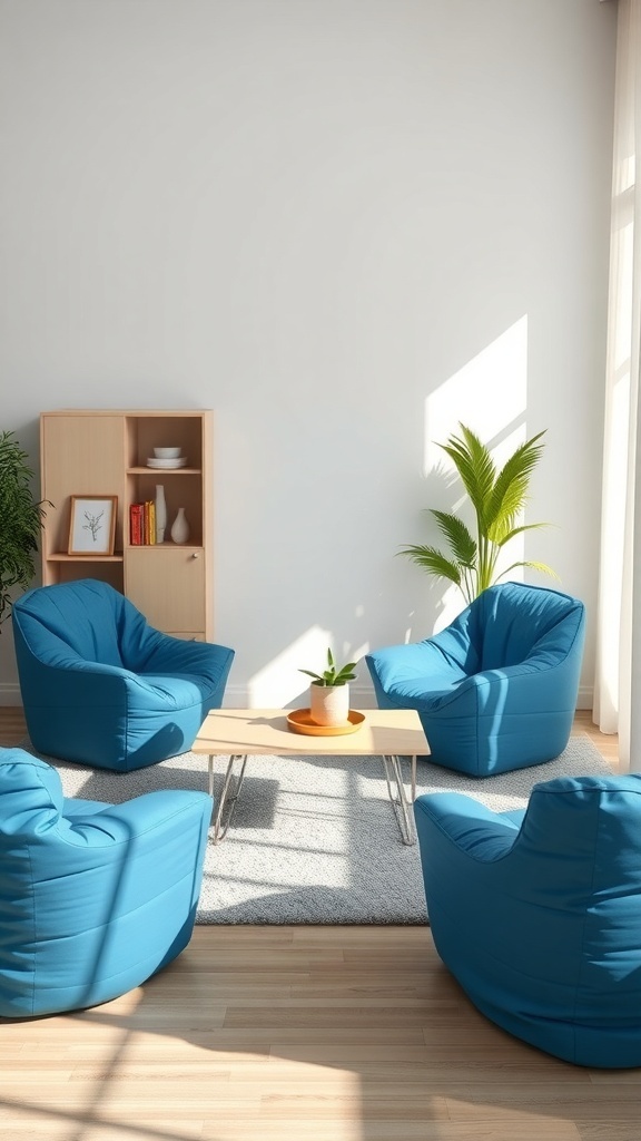 A cozy living room featuring blue bean bags, a wooden table, and plants.