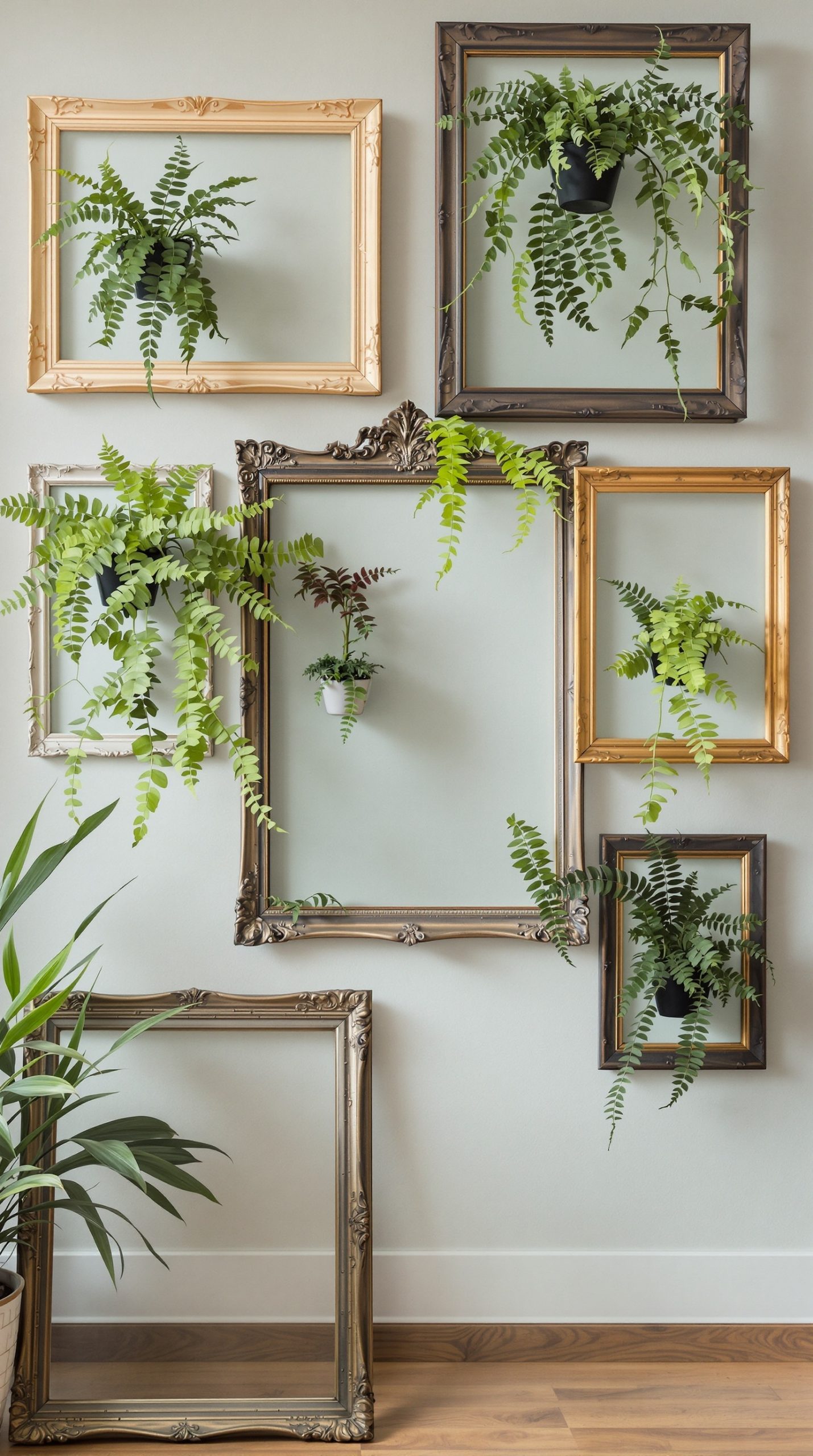 A wall display featuring ferns in vintage frames, combining greenery with ornate picture frames.