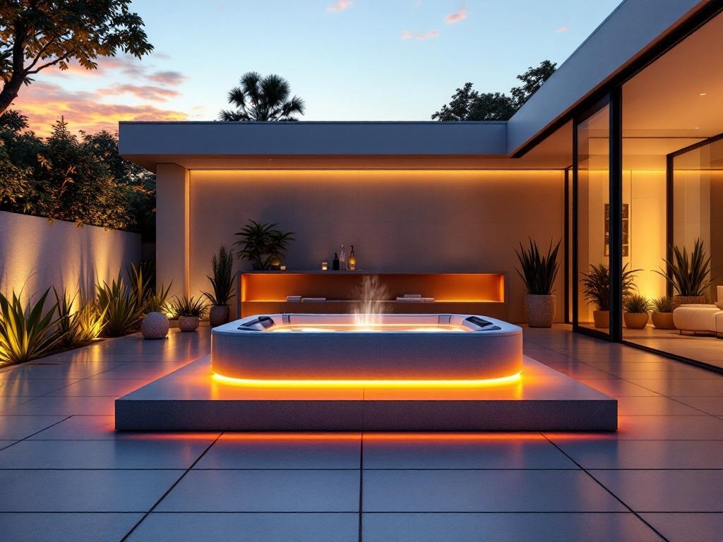 A modern jacuzzi spa with LED lighting in a stylish backyard setting.