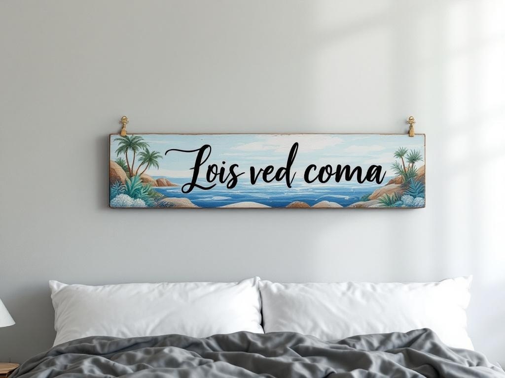 A personalized coastal name sign with ocean-themed artwork