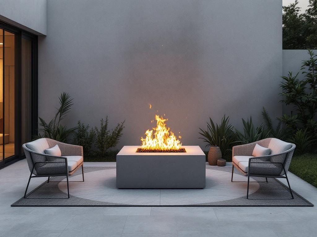 A minimalist firepit surrounded by two modern chairs in a stylish backyard.