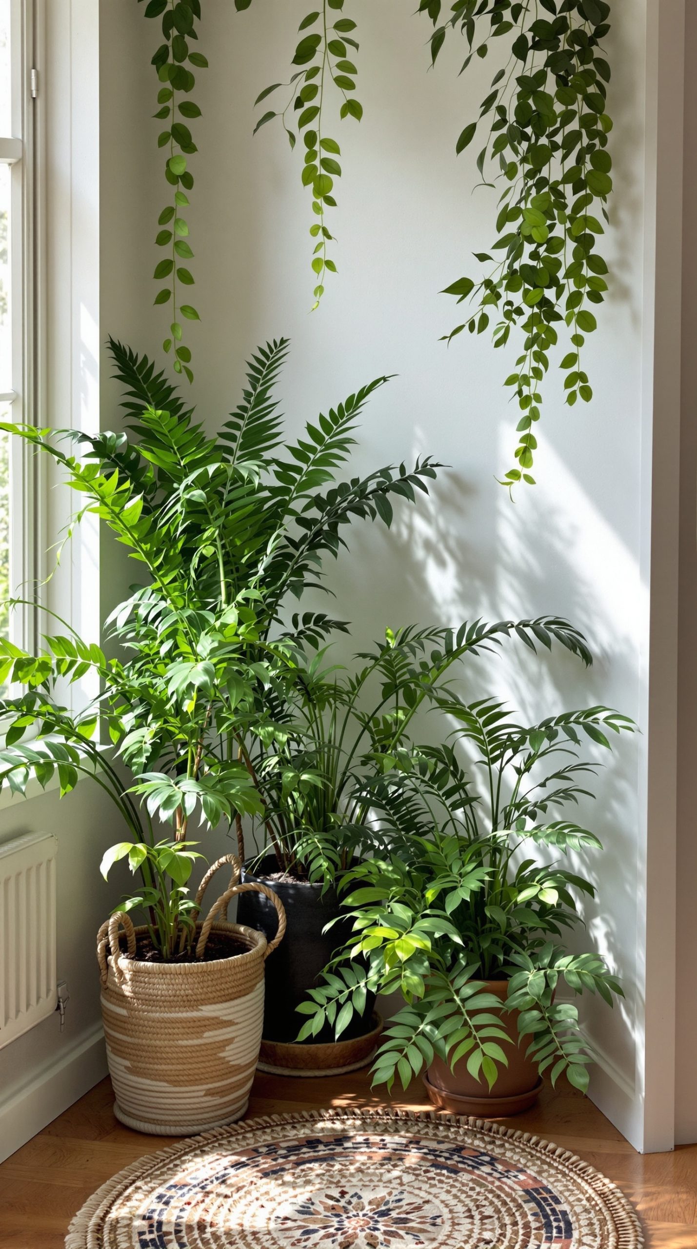 A corner nook filled with various ferns in stylish pots, with hanging greenery and a round rug.