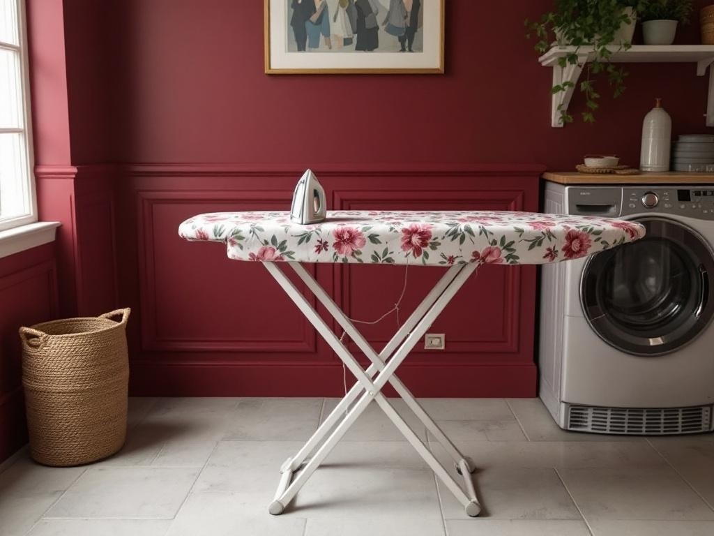 Ironing board with floral cover in a burgundy laundry room