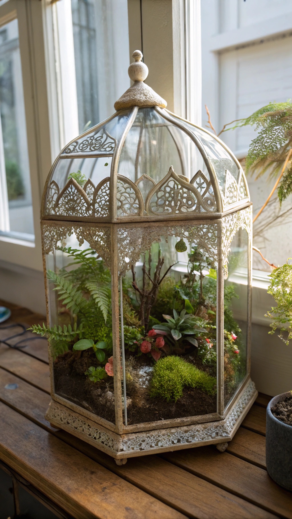 A vintage glass terrarium with intricate designs, showcasing various plants and moss.