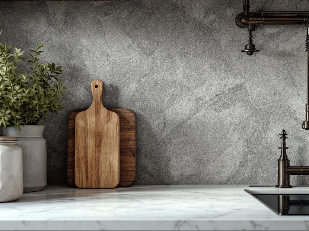 A modern kitchen corner featuring a textured wall, wooden cutting boards, and a dark faucet.