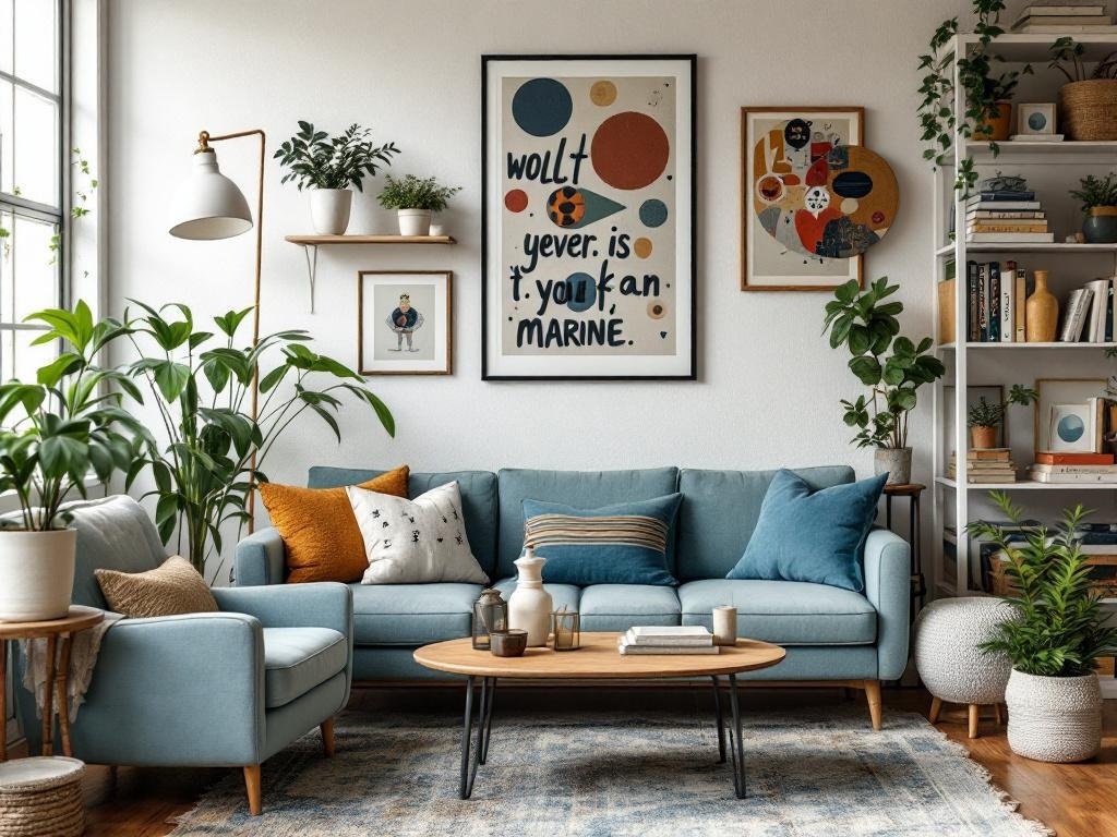 Cozy living room with light blue couch, eclectic pillows, wall art, and plants.