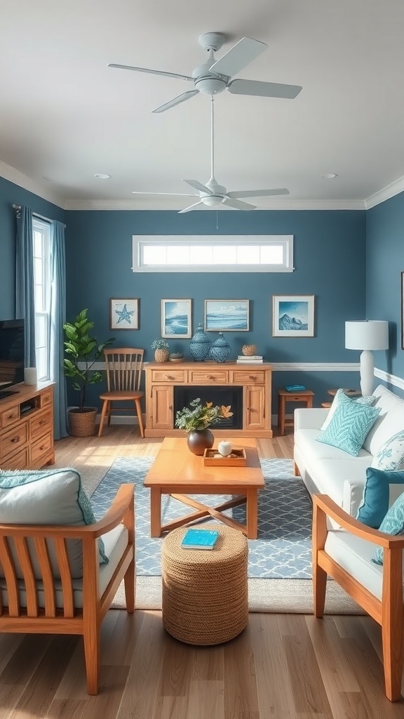 A cozy living room with blue walls, wooden furniture, and coastal decor.