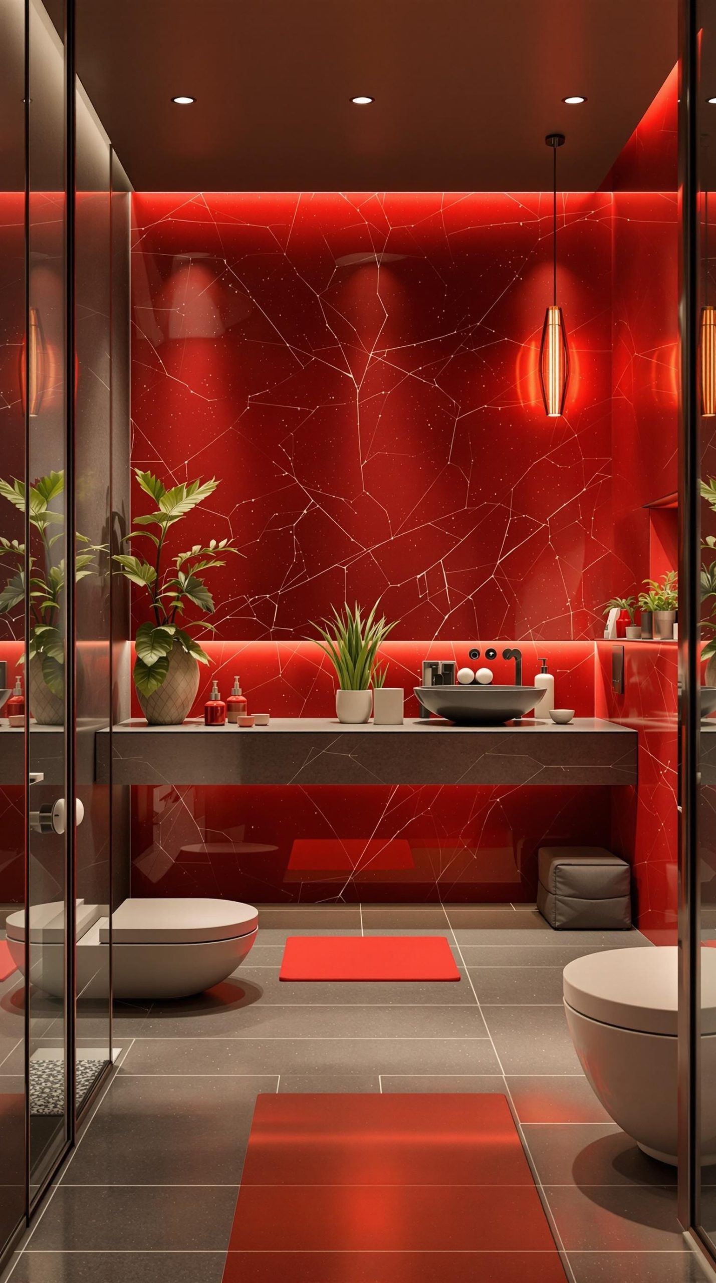 A contemporary bathroom featuring red walls, sleek fixtures, and green plants.