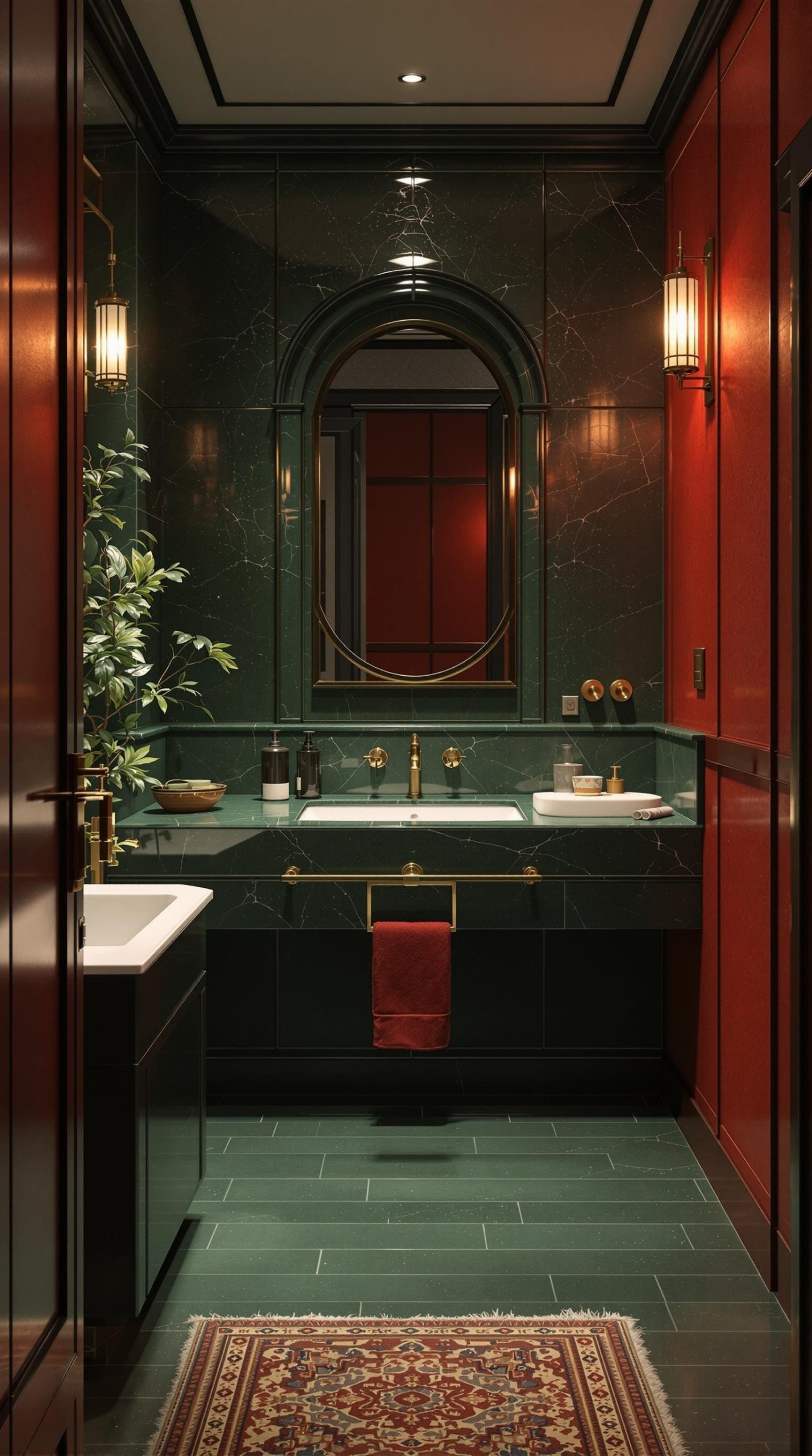 A stylish bathroom featuring green marble walls, red accents, and elegant fixtures.