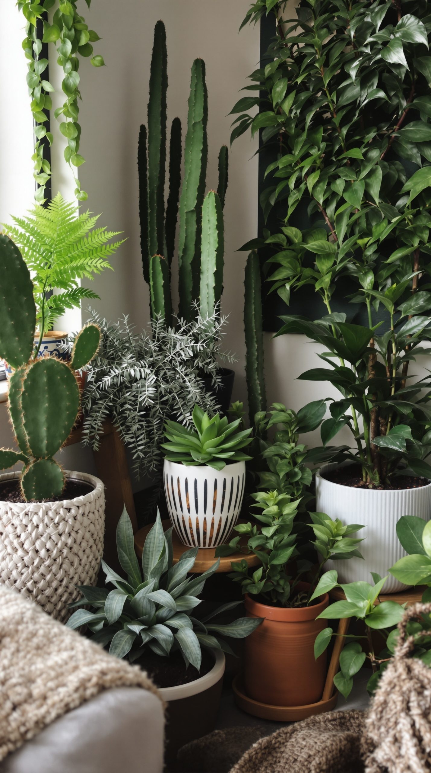 A cozy corner display featuring various cacti and ferns in stylish pots.