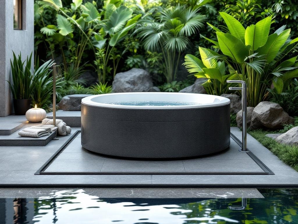 Modern jacuzzi spa with natural stone surround in a lush garden setting.