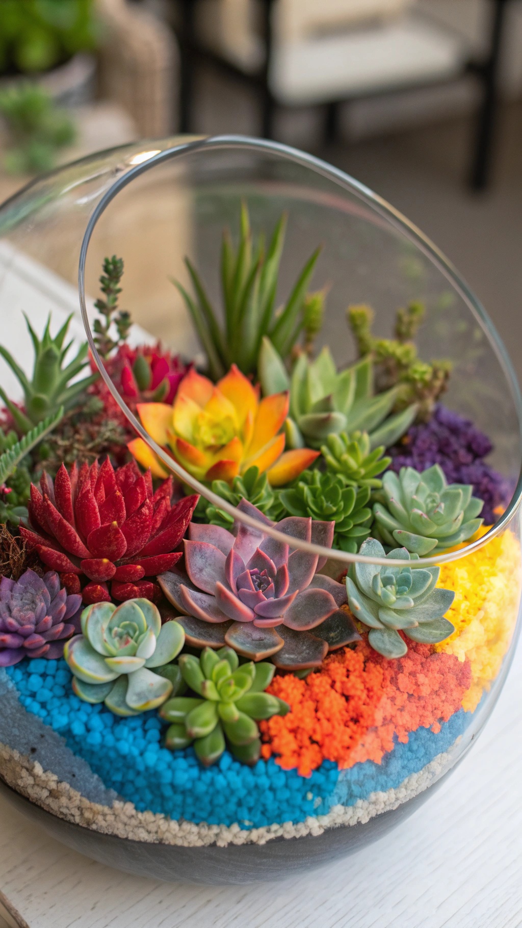 A terrarium featuring a variety of colorful succulents arranged in layers of vibrant sand.