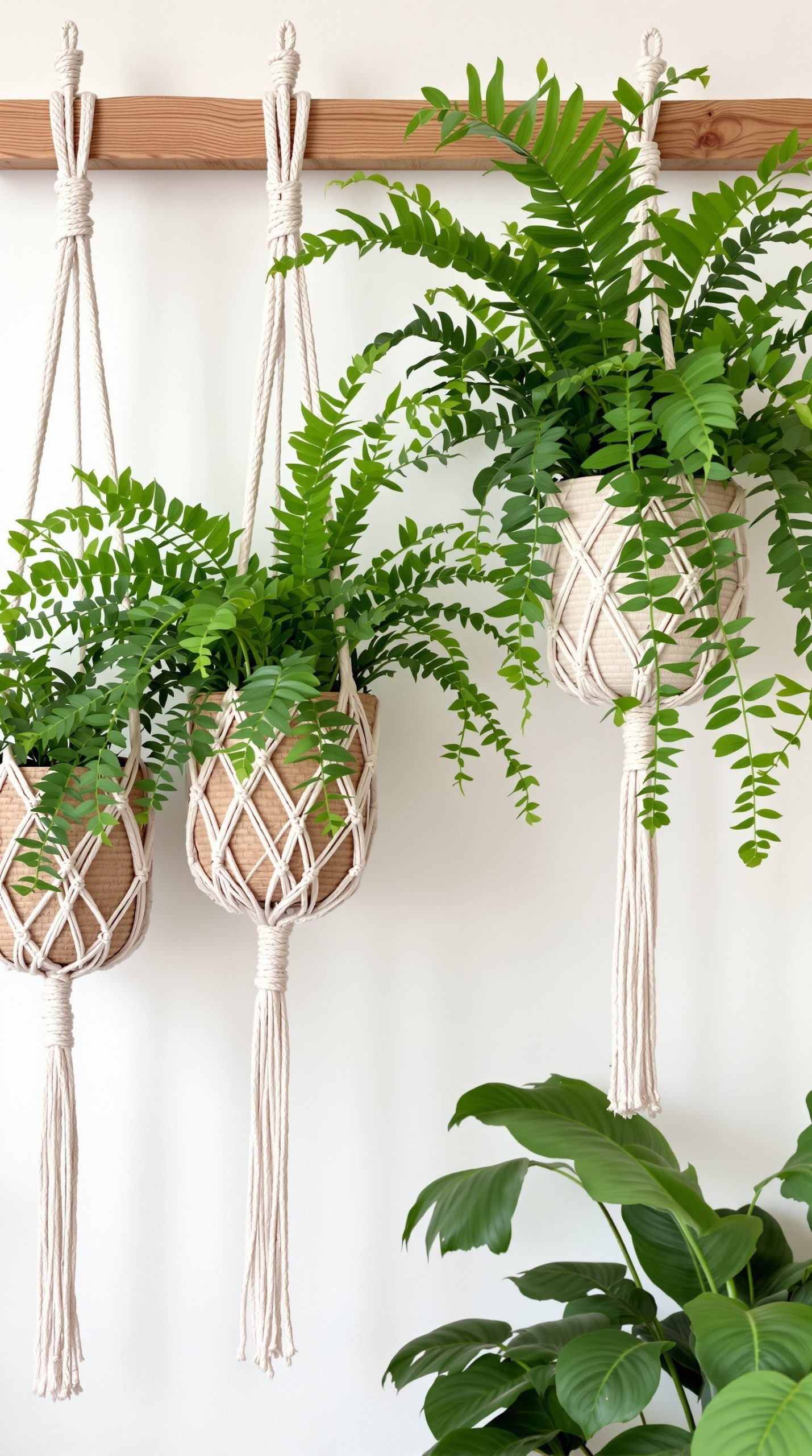 Tropical ferns in macramé hangers on a wall