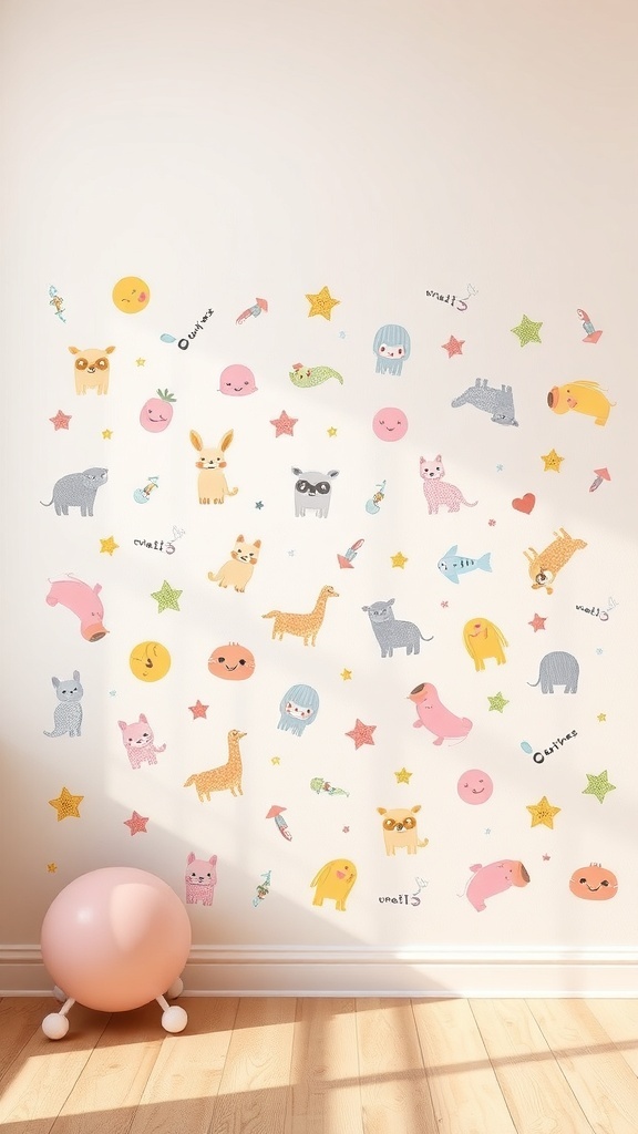 Colorful kawaii wall decals featuring cute animals, stars, and playful designs on a light wall.