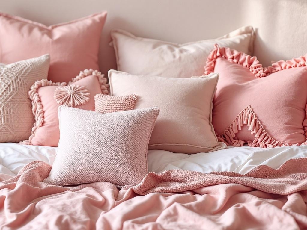 A collection of decorative pillows in various shades of light pink on a bed.