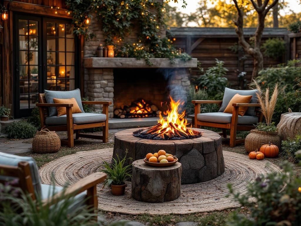 Cozy backyard firepit with rustic wood table and comfortable seating.